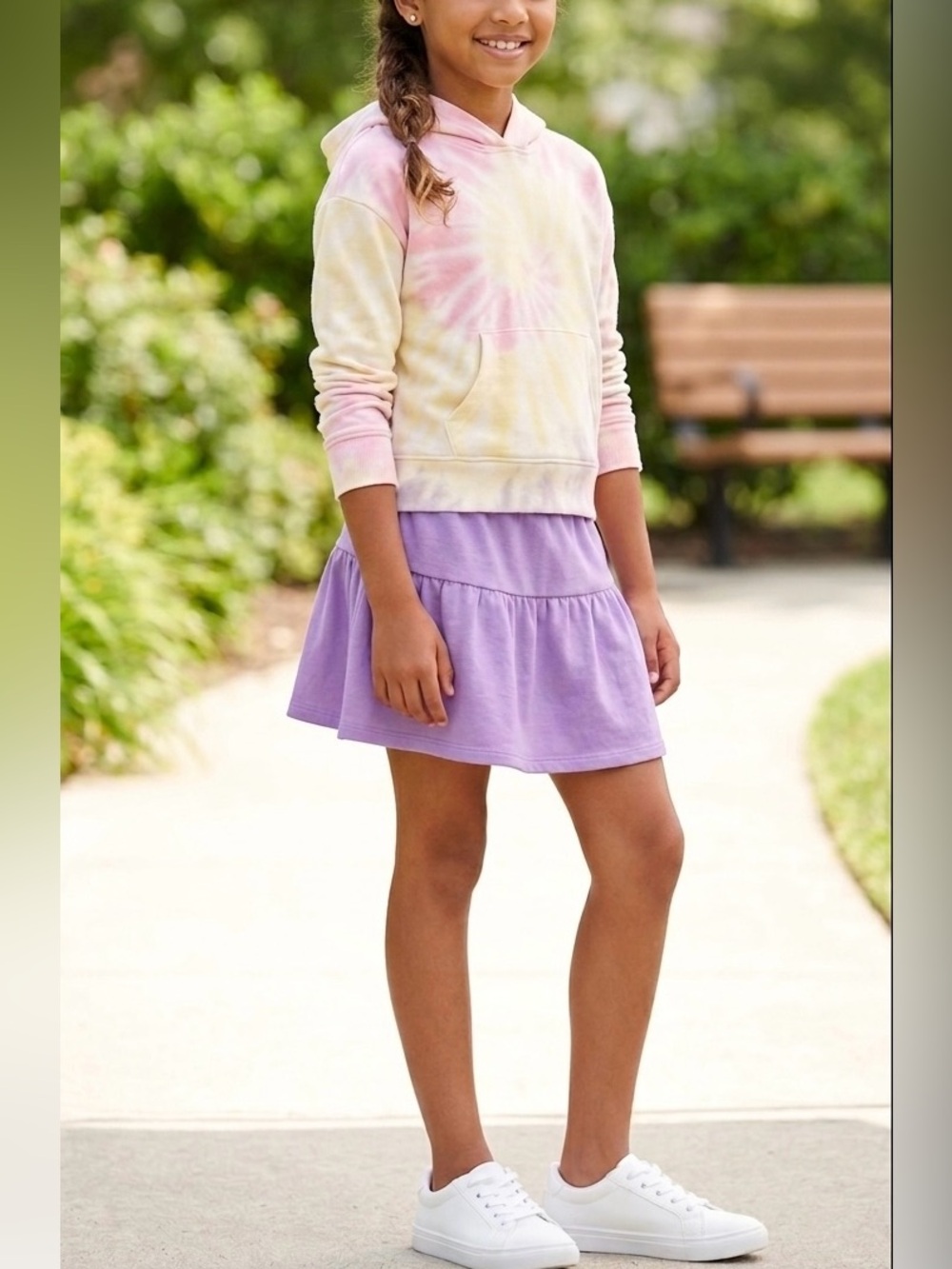Girls Size 10-12 Sweater Hoodie & skirt Bundle 2 Pieces, Purple Tie Dye Yellow